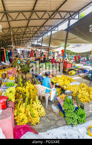 Étal de fruits tiges vente de bananes à l'échelle locale samedi marché à Dikwella South côtières dans le district de Matara, Province du Sud, Sri Lanka Banque D'Images