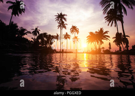 Crépuscule sur une plage tropicale avec des silhouettes de palmiers réflexions dans l'eau en couleur surréaliste. Banque D'Images