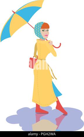 Belle jeune femme avec parapluie marche sur jour de pluie Illustration de Vecteur