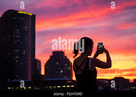 Une femme prenant une photo panoramique sur son smartphone du coucher de soleil sur le pont du port de Sydney, Australie Banque D'Images