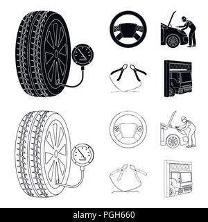 Réglage du moteur, volant, roues et collier noir, contours des icônes dans la collection set pour l'entretien des wagons.design vecteur stock station symbole illust Illustration de Vecteur