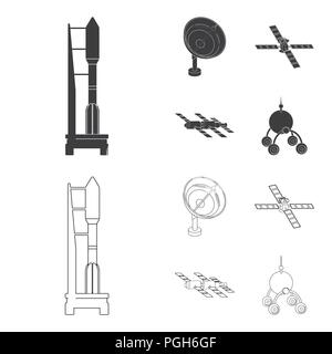 Radar Radio, station d'engin spatial dans l'espace, Lunokhod. La technologie de l'espace collection set icônes de style du contour noir, symbole vecteur illustration de stock . Illustration de Vecteur