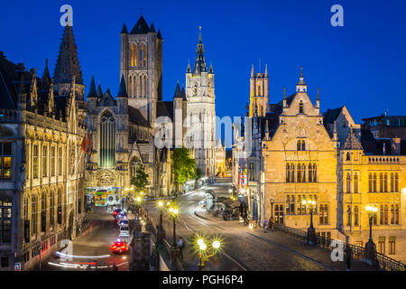 Gand, Belgique - 20 juin 2018 - vue sur la vieille ville de nuit Banque D'Images