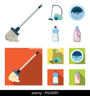 Une vadrouille avec une poignée pour laver les planchers, un aspirateur vert, une fenêtre d'une machine à laver avec de l'eau et de mousse, une bouteille avec un agent de nettoyage. Cle Illustration de Vecteur