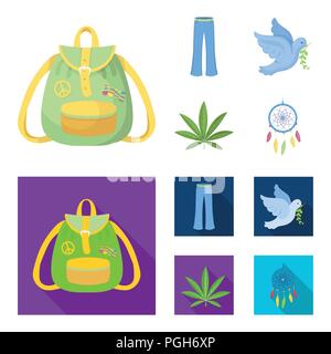 Une feuille de cannabis, une colombe, un jean, un sac à dos.collection set Hippy icônes de style cartoon,télévision symbole vecteur illustration de stock. Illustration de Vecteur