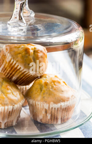 Muffins citron pavot dans verre cake stand Banque D'Images