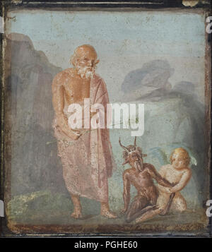 Lutte entre Cupidon et Pan dans la présence de fleurs. Fresque romaine de la maison de Meleager (Casa di Meleagro) à Pompéi (1-79 MA), maintenant exposée dans le Musée Archéologique National (Museo Archeologico Nazionale di Napoli) à Naples, Campanie, Italie. Banque D'Images