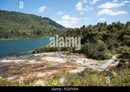 View sur l'Orakei Korako zone géothermique avec lac et chemin d'Ohakuri avec forêt luxuriante à Rotorua, Nouvelle-Zélande Banque D'Images