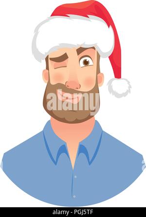 Businessman in Santa Claus hat. Clignant de l'homme. Personne drôle. Visage de l'homme à barbe. Illustration de Vecteur