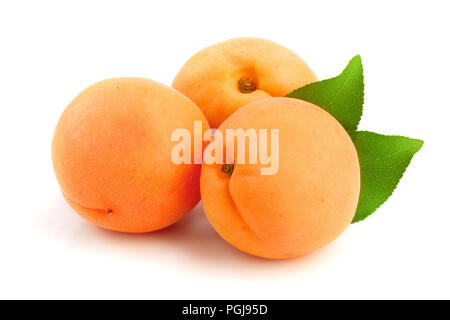 Fruits à l'abricot avec des feuilles isolées sur fond blanc macro. Banque D'Images