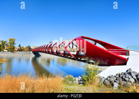 Photo de l'après-midi du pont Peace Calgary avec Bow River et une partie de la Calgary Downtown Banque D'Images