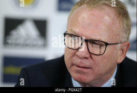 Hampden Park, Glasgow, Royaume-Uni. Août 27, 2018. L'Ecosse l'équipe de football International Conférence de presse ; l'Ecosse à l'entraîneur de l'équipe International Alex McLeish parle aux médias au sujet de son équipe : Action Crédit Plus Sport/Alamy Live News Banque D'Images