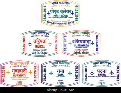 Ensemble de timbres de passeport stylisé pour les grands aéroports de l'Est de l'Inde en format vectoriel. Illustration de Vecteur