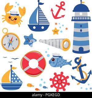Ensemble d'illustrations marines et nautiques. Animaux marins mignons, crabes et poissons dans un ensemble clipart à thème nautique. Phare, ancre, bouée de sauvetage et bateaux. Illustration de Vecteur
