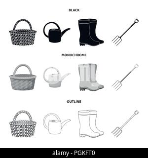 Panier osier, arrosoir pour l'irrigation, des bottes en caoutchouc, des fourchettes. Ensemble de jardinage et de ferme icônes collection en noir monochrome,style,contour vectoriel symb Illustration de Vecteur