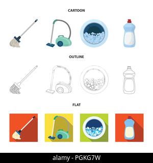 Une vadrouille avec une poignée pour laver les planchers, un aspirateur vert, une fenêtre d'une machine à laver avec de l'eau et de mousse, une bouteille avec un agent de nettoyage. Cle Illustration de Vecteur