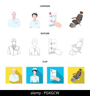 Le médecin traitant, l'infirmière, le cardiogramme du coeur, le fauteuil dentaire. Collection d'icônes dans Medicineset,télévision,dessin animé contour style vector s Illustration de Vecteur