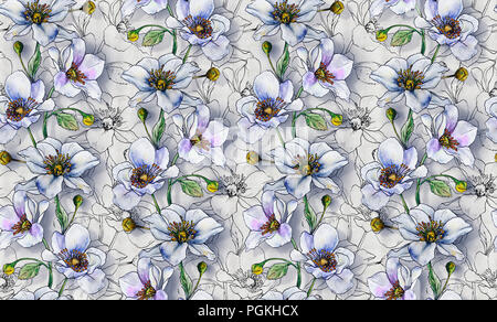 Modèle transparent, la lumière des fleurs sur un fond clair, papier peint Motif ou pour faire du tissu, le design textile. Illustration : light purple flowers Banque D'Images