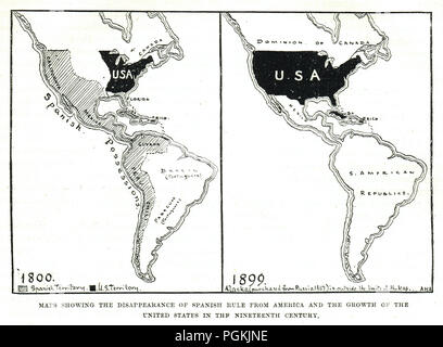 Carte des pertes espagnoles en Amérique, montrant la disparition de la domination espagnole, et de la croissance des États-Unis au xixe siècle Banque D'Images