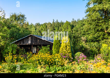 Chalet en bois dans un paysage de campagne avec des fleurs dans le jardin autour de la forêt de la chambre Banque D'Images