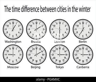 Réveil avec fuseaux horaires sur un fond blanc Illustration de Vecteur