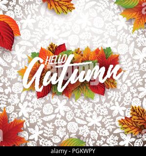 Illustration de l'automne avec les feuilles qui tombent et le lettrage sur fond blanc. Vecteur Conception d'automne avec des esquisses de carte de Vœux, bannière, Flyer, Invitation, Brochure ou affiche promotionnelle. Illustration de Vecteur