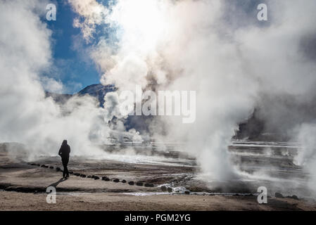 El Tatio geysers au Chili, Silhouette d'une femme marcher parmi les vapeurs et fumerolles au lever du soleil Banque D'Images