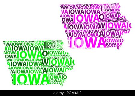 Sketch Iowa (États-Unis d'Amérique) texte de la lettre, la carte carte de l'Iowa - sous la forme du continent, la carte Iowa - vert et violet vector illustration Illustration de Vecteur