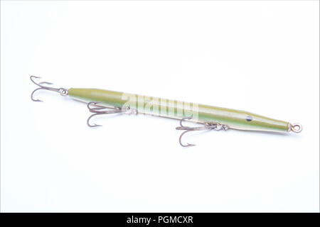 Un vieux leurre de pêche en bois équipé de trois hameçons triples pour la capture de poissons prédateurs. À partir d'une collection de vintage et modernes. Au nord Banque D'Images