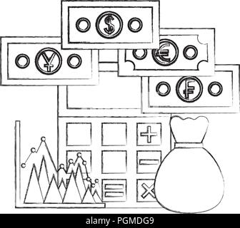 Sac d'argent calculatrice billets statistiques doolar yen franc et ruble Illustration de Vecteur