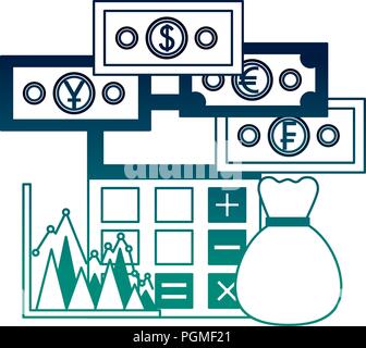 Sac d'argent billet de calculatrice statistiques dollar yen franc et ruble Illustration de Vecteur