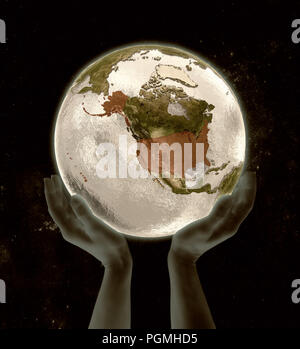 USA sur globe dans les mains dans l'espace. 3D illustration. Banque D'Images