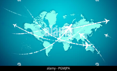 Un merveilleux blanc de rendu 3D des avions volant le long des itinéraires balisés avec sentiers de smoky bleu clair sur la carte du monde. Ils relient les continents un Banque D'Images