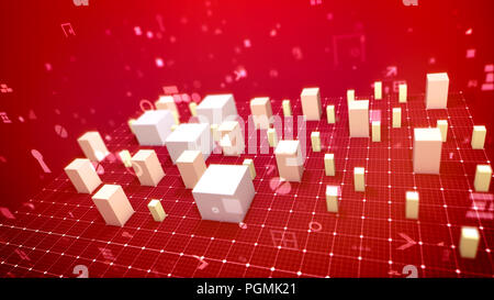 Un dosage volumétrique 3d illustration d'un graphique à barres et une flèche mis de travers sur une grille blanche dans le fond violet. La signification des colonnes blanches indiquent d'affaires Banque D'Images