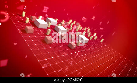 Une infographie 3d illustration d'un graphique à barres et pc signes comprenant l'équerre, Nombre, pourcentage et dollar placé sur la grille de la red back Banque D'Images