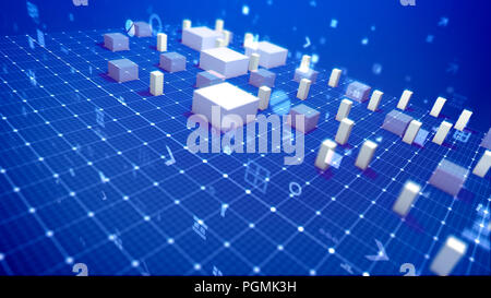 Un fabuleux 3d illustration d'un graphique à barres et une flèche placée sur une grille blanche dans le fond bleu. Les colonnes blanches indiquant certains indicateurs économiques Banque D'Images