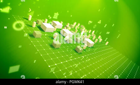 Un joyeux 3d illustration d'un diagramme avec des cubes de tir Signification des colonnes recettes dans le fond vert en diagonale avec le vol, les principaux points Banque D'Images