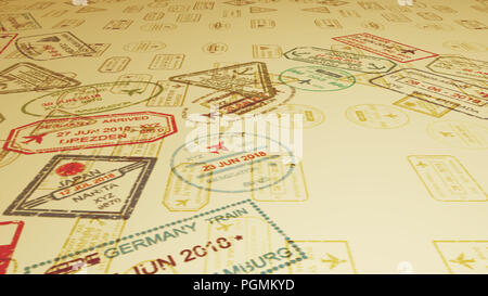 Une source d'inspiration, 3d illustration des timbres de voyage avec des avions à l'atterrissage sur l'inclinaison de la surface de sable plein de marques de visa dans l'arrière-plan jaune chameau. Banque D'Images