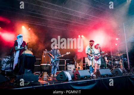 Le Danemark, l'Albertslund - Août 25, 2018. Touareg algérien desert rock quintet Imarhan effectue un concert live au cours de la Danish Music Festival Festival 2018 Badesoen à Albertslund. Gonzales (Photo - Kim M. Leland). Banque D'Images