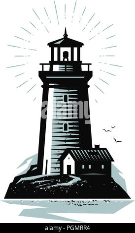 Logo phare ou l'étiquette. Concept marin. Vector illustration Illustration de Vecteur