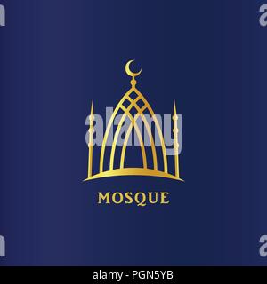 Mosquée islamique silhouette linéaire. Cresent sur dome, symbole de l'Islam. La religion, l'icône vecteur modèle logo sur fond bleu foncé. Illustration de Vecteur