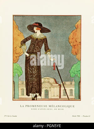 La Promeneuse mélancolique. La mélancolie Walker. Robe d'après-midi, de la bière. Robe d'après-midi par la bière. Art-deco fashion illustration par l'artiste français George Barbier, 1882-1932. L'œuvre a été créée pour la Gazette du Bon Ton, un magazine de mode parisien publiés entre 1912-1915 et 1919-1925. Banque D'Images