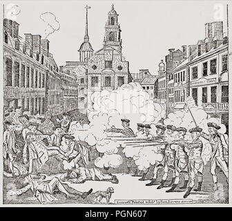 Le massacre de Boston, également connu sous le nom de l'incident sur la rue King, 5 mars 1770, lorsque des soldats britanniques ont tué plusieurs civils. L'incident a été un catalyseur qui a contribué à renverser l'opinion coloniale contre la Couronne britannique et a précipité une éventuelle confrontation armée contre la domination britannique lors de la Révolution américaine. Après une gravure contemporaine par Paul Revere. Banque D'Images