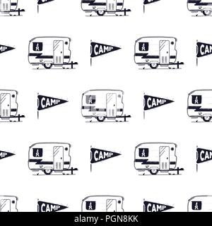 Rv Camping modèle homogène. Camp avec symbole pennant. Retro style texturé. Vector Wallpaper Stock isolé sur fond blanc Illustration de Vecteur