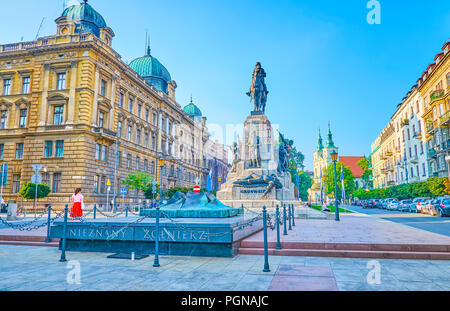 Cracovie, Pologne - 11 juin 2018 : le monument dédié à l'anniversaire de la bataille de Grunwald avec dominant statue équestre du roi Wladysła Banque D'Images