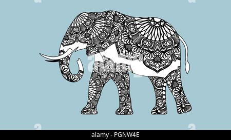 Belle indienne dans l'éléphant asiatique style zentangle ornement. razukrashka mandala éléphant Antistress Illustration de Vecteur