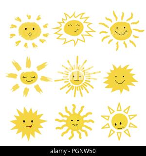 Doodle vecteur drôle de soleils. Ensemble à la main. Illustration de Vecteur
