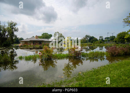 Des pluies excessives créent des conditions d'inondation dans la région de Madison, Wisconsin, USA. Avis de Tenney Park sous l'eau. Banque D'Images