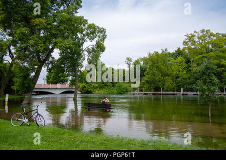 Des pluies excessives créent des conditions d'inondation dans la région de Madison, Wisconsin, USA. Avis de Tenney Park sous l'eau. Banque D'Images