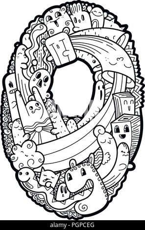 Le nombre zéro. Hand drawn doodled kids nombre. Mignon monstred les nombres, les symboles mathématiques. Illustration vectorielle pour le web, le design, la décoration, l'éducation, s'imprime, Illustration de Vecteur